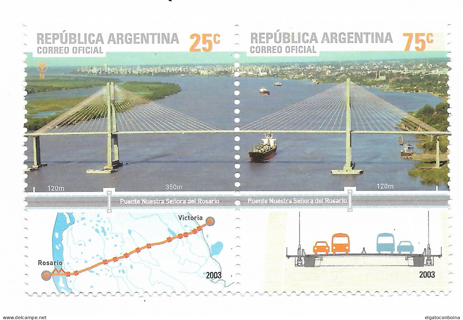 ARGENTINA 2003 BRIDGE ROSARIO VICTORIA MAPS CONTINUOUS PAIR SCOTT 2249 MNH - Neufs
