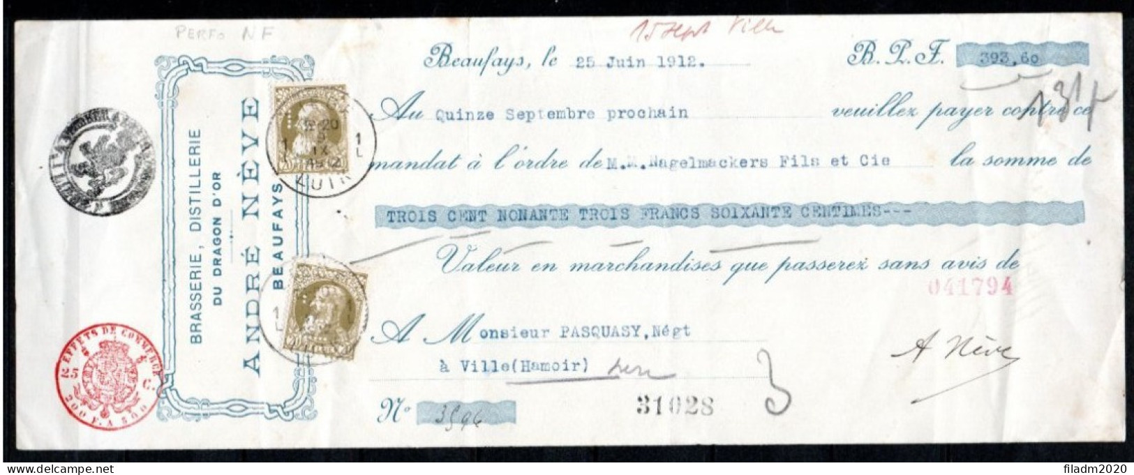 75 (2x) Op Kwitantie Gestempeld - Perfin N F (Nagelmakers Fils & Co) - 1909-34