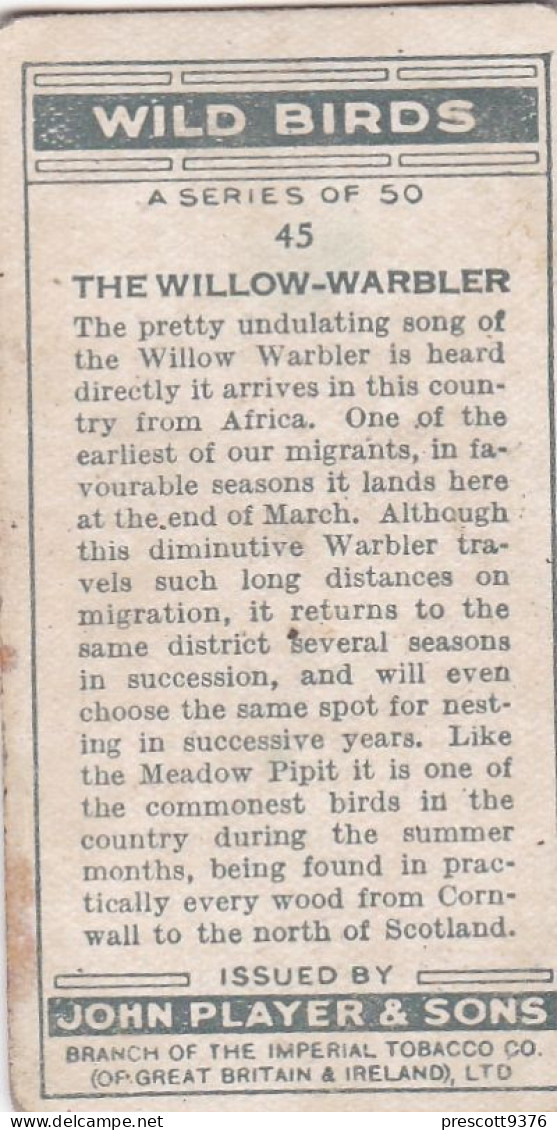 Wild Birds 1932 - Original Players Cigarette Card - 45 Willow Warbler Warbler  & Young - Player's