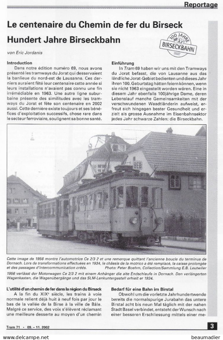 Revue Suisse Tram N°71 Birseck BEB Zurich Berne Basel Fribourg Lausanne Genève Bienne Neuchâtel Etc ... - Toerisme En Regio's