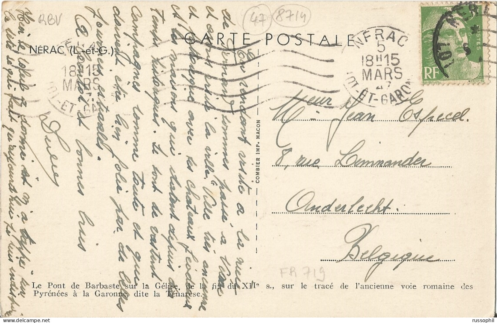 FRANCE - VARIETY &  CURIOSITY - 47 - BOTH RBV AND A4 DEPARTURE PMKs ON FRANKED PC (Yv #719 ALONE) TO BELGIUM - 1947 - Lettres & Documents