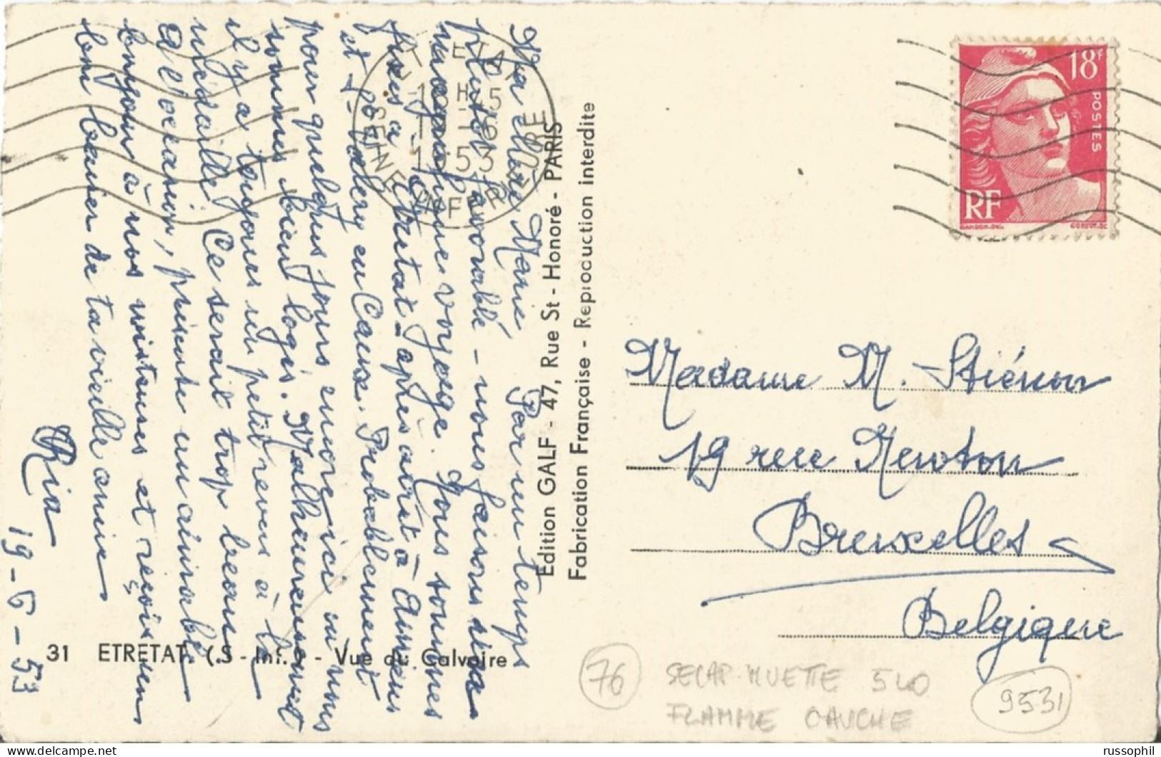 FRANCE - VARIETY &  CURIOSITY - 76 - DISCONTINUED MUTE SECAP DEPARTURE PMK  "ETRETAT" ON FRANKED PC TO BELGIUM - 1953 - Briefe U. Dokumente