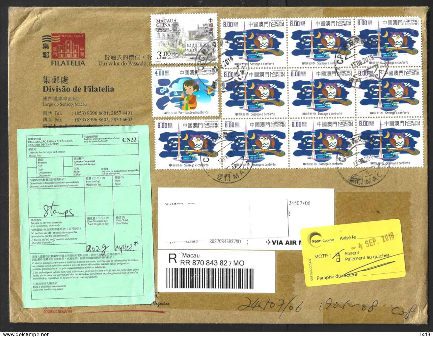 Registered Letter Macau. Stamps With Owl. Turbojet Ferry. Largo Do Senado, UNESCO Heritage Site.Atmospheric Purificatio - Storia Postale