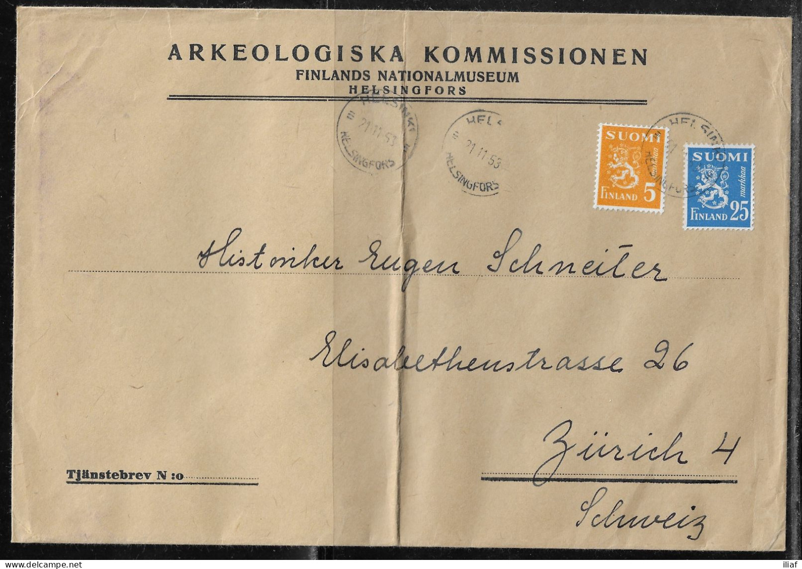 Finland. Stamps Sc. 304, Mi. 303 On Letter Of The Finland National Museum, Sent From Helsingfors (Helsinki) On 21.11.53 - Storia Postale