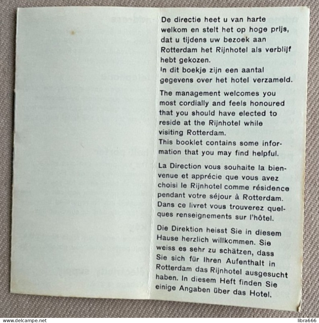 (1960) Rijnhotel ROTTERDAM - onbijt menukaart 20 x 10 cm. + servet 15 x 14, 5 cm. + kamer info boekje - 10 x 5 cm.