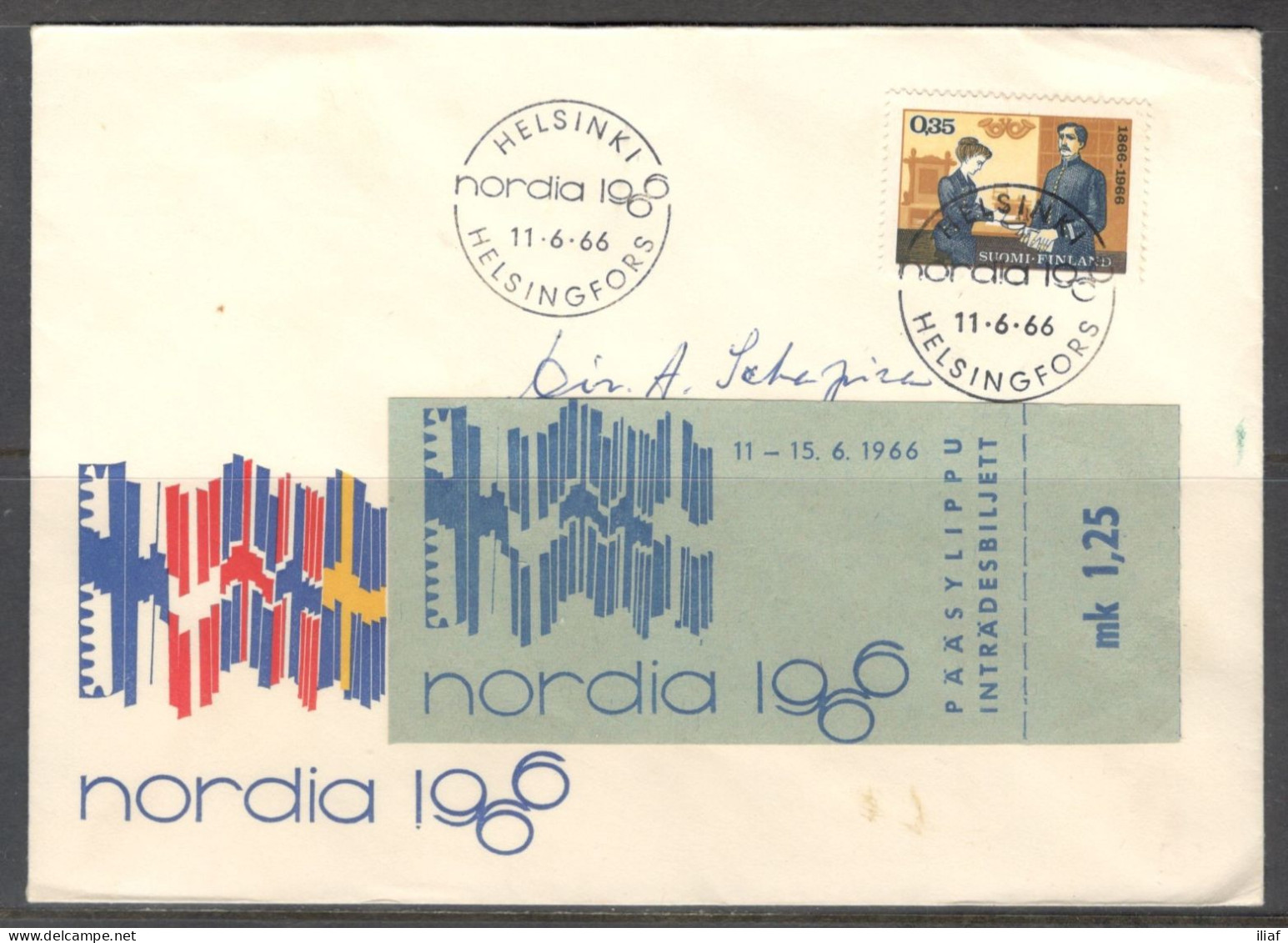 Finland. FDC Sc. 439. Old Post Office. Stamp Exhibition NORDIA 1966. FDC Cancellation With Exhibition Entrance Ticket - FDC