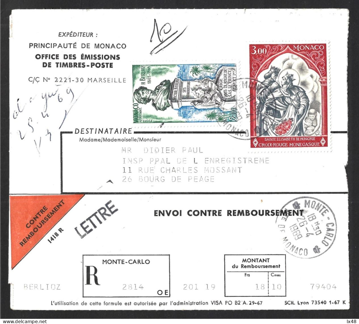 Shipping Against Reimbursement From Monaco In 1969. Stamps Hector Berlioz And Nonegasque Red Cross. Monte-Carlo. - Lettres & Documents