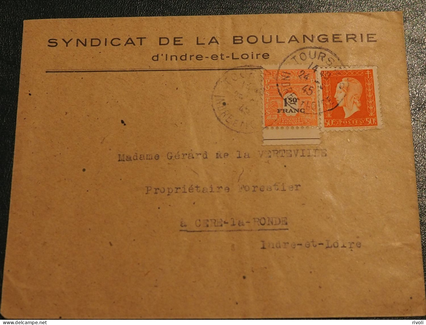 FRANCE LETTRE 1945 - 1.5 Arc De Triomphe Et 50c M De Dulac - SYNDICAT DE LA BOULANGERIE D'INDRE ET LOIRE - 1944-45 Marianne De Dulac