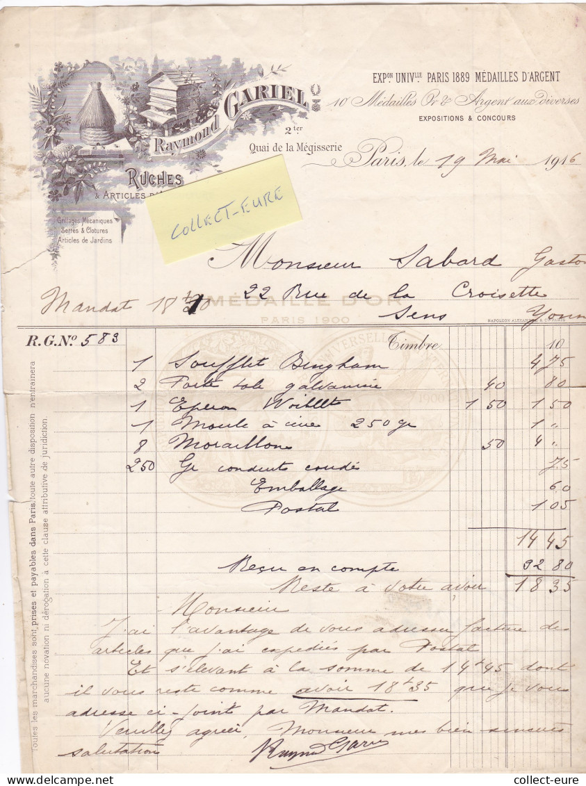 VP 80  FACTURE MIEL RUCHES APICULTURE GARIEL QUAI DE LA MEGISSERIE PARIS 1916 - Invoices