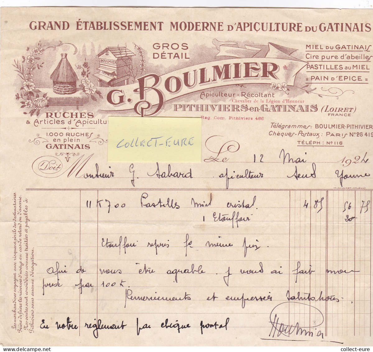 VP 79  FACTURE MIEL RUCHES APICULTURE BOULMIER PITHIVIERS EN GATINAIS LOIRET 1924 - Invoices