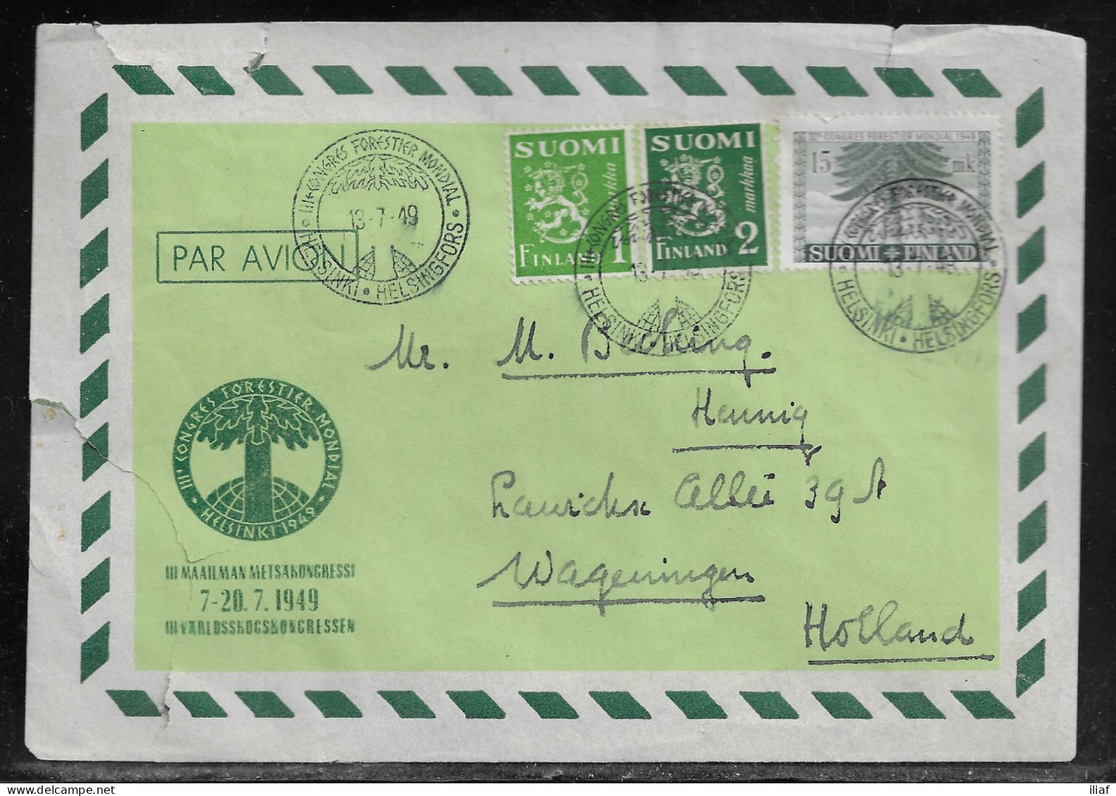 Finland. 3rd World Forestry Congress: Helsinki, Finland, 1949.  Philatelic Air Mail Aerogram With Special Cancellation. - Lettres & Documents