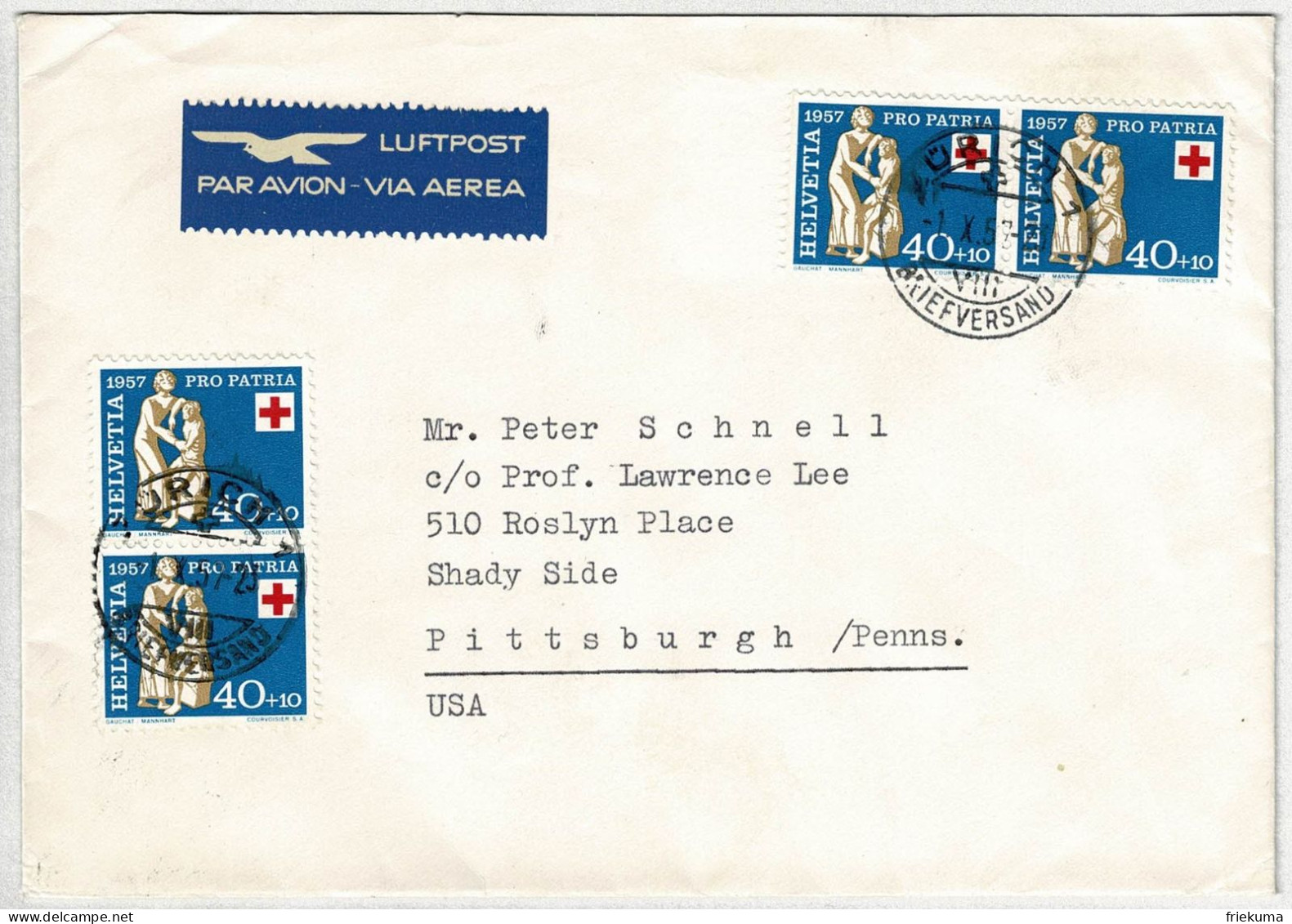 Schweiz / Helvetia 1957, Luftpostbrief Zürich - Pittsburgh (USA), Rotes Kreuz / Croix-Rouge / Red Cross - Briefe U. Dokumente