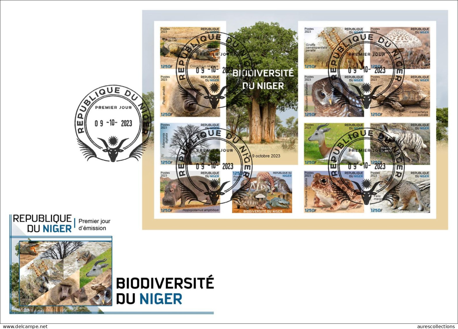 NIGER 2023 FDC IMPERF M/S 13V - FROGS TURTLES MONKEYS BAOBAB CROCODILES GIRAFFE MUSHROOMS OWLS CATS HIPPOPOTAMUS HYENA - Grenouilles