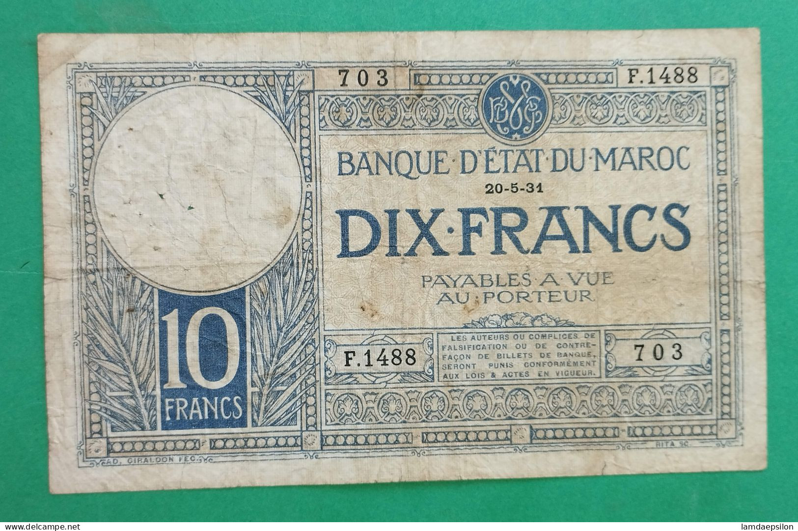 BANQUE D'ETAT DU  MAROC MOROCCO 10 FRANCS 1931 - Maroc