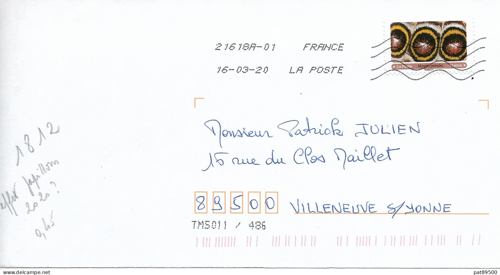 France 2020 Auto-adhésif  AA 1812 Oblitéré/[TEST AUTOMATION TM5011/486]  Mars 2020 / Aile De Papillon  Agrias Claudina - Lettres & Documents