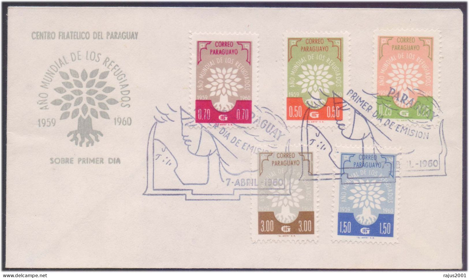 World Refugee Year, Refugees, Uprooted Tree, Mother And Child Cancellation Paraguay FDC 1960 - Refugiados