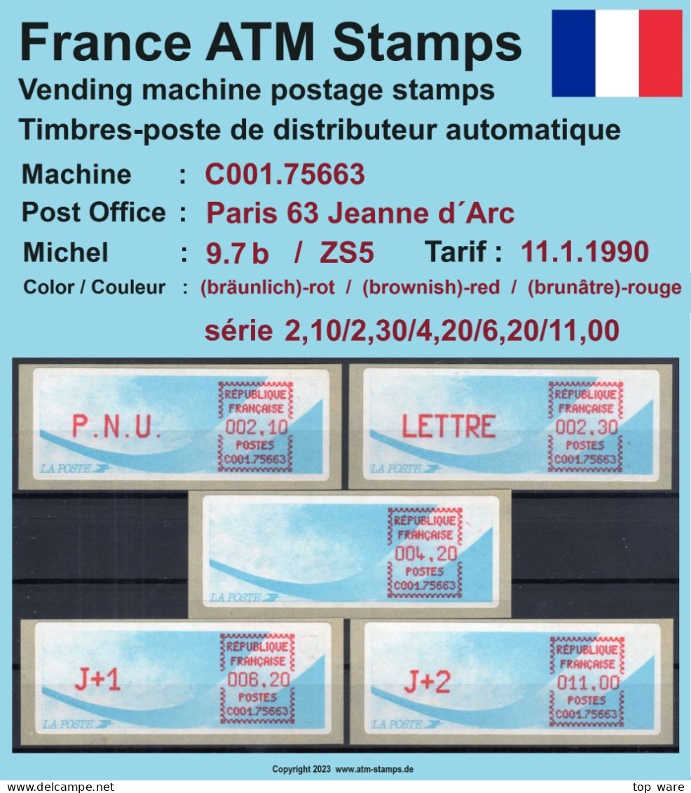 Frankreich France ATM Stamps LSA C001.75663 Paris 63 / Michel 9.7 B / Serie ZS5 ** / Distributeurs Automatenmarken - 1988 « Comète »