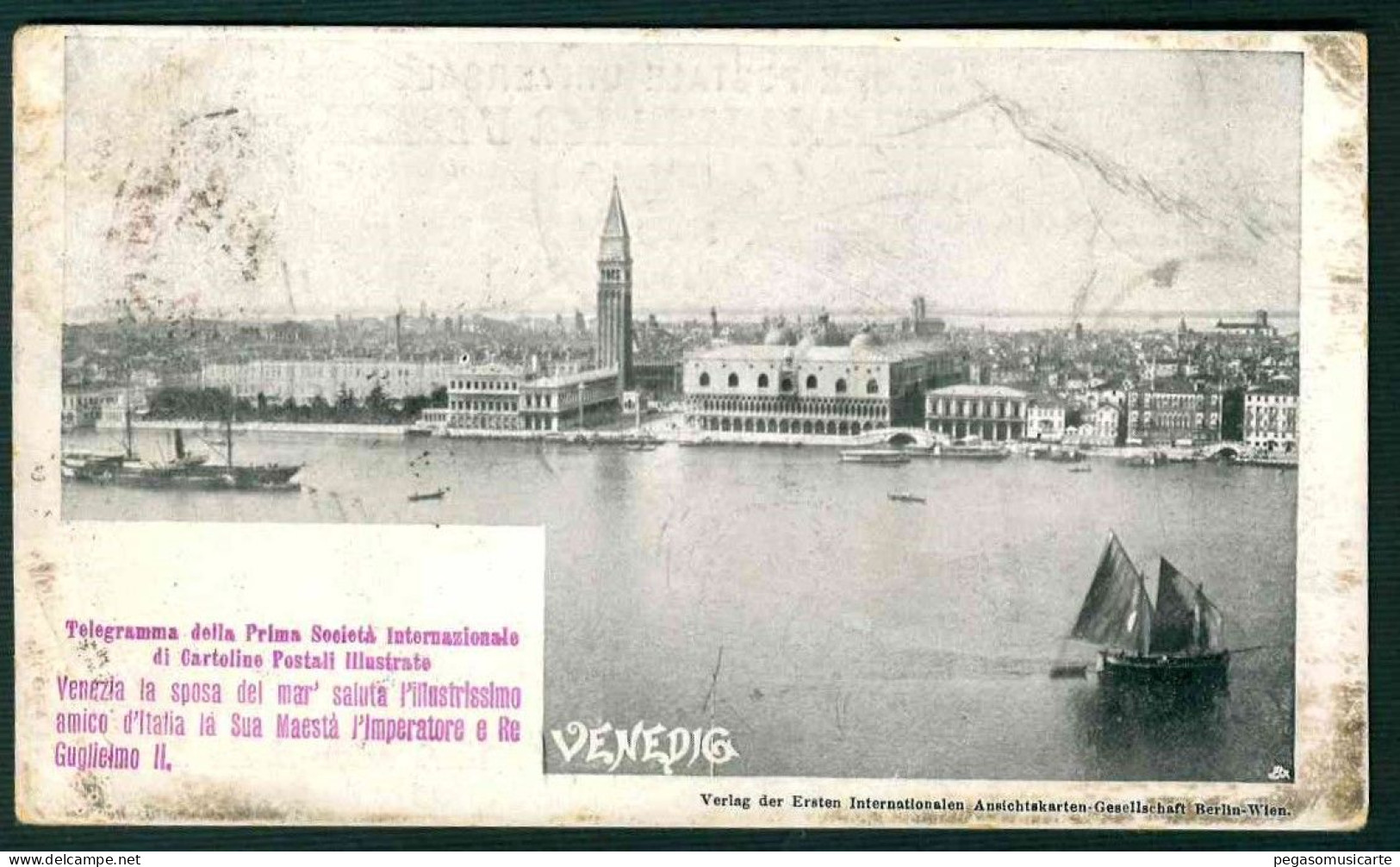 GK292 TELEGRAMMA DELLA PRIMA SOCIETA' INTERNAZIONALE CARTOLINE POSTALI ILLUSTRATE VENEZIA VENEDIG STORIA POSTALE 1910 - Inaugurations