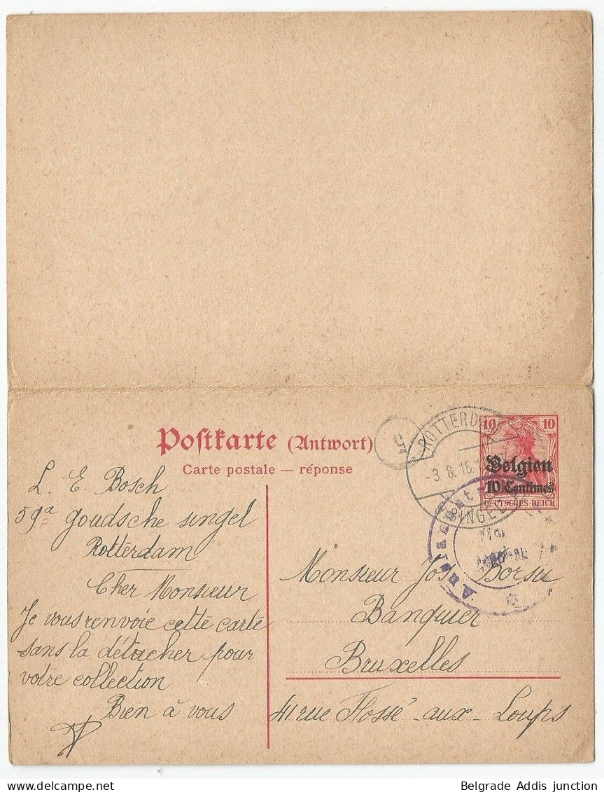 Belgique Belgie Allemagne Entier Postal Double Avec Réponse Censure 1915 Occupation Allemande Löwen - Deutsche Besatzung
