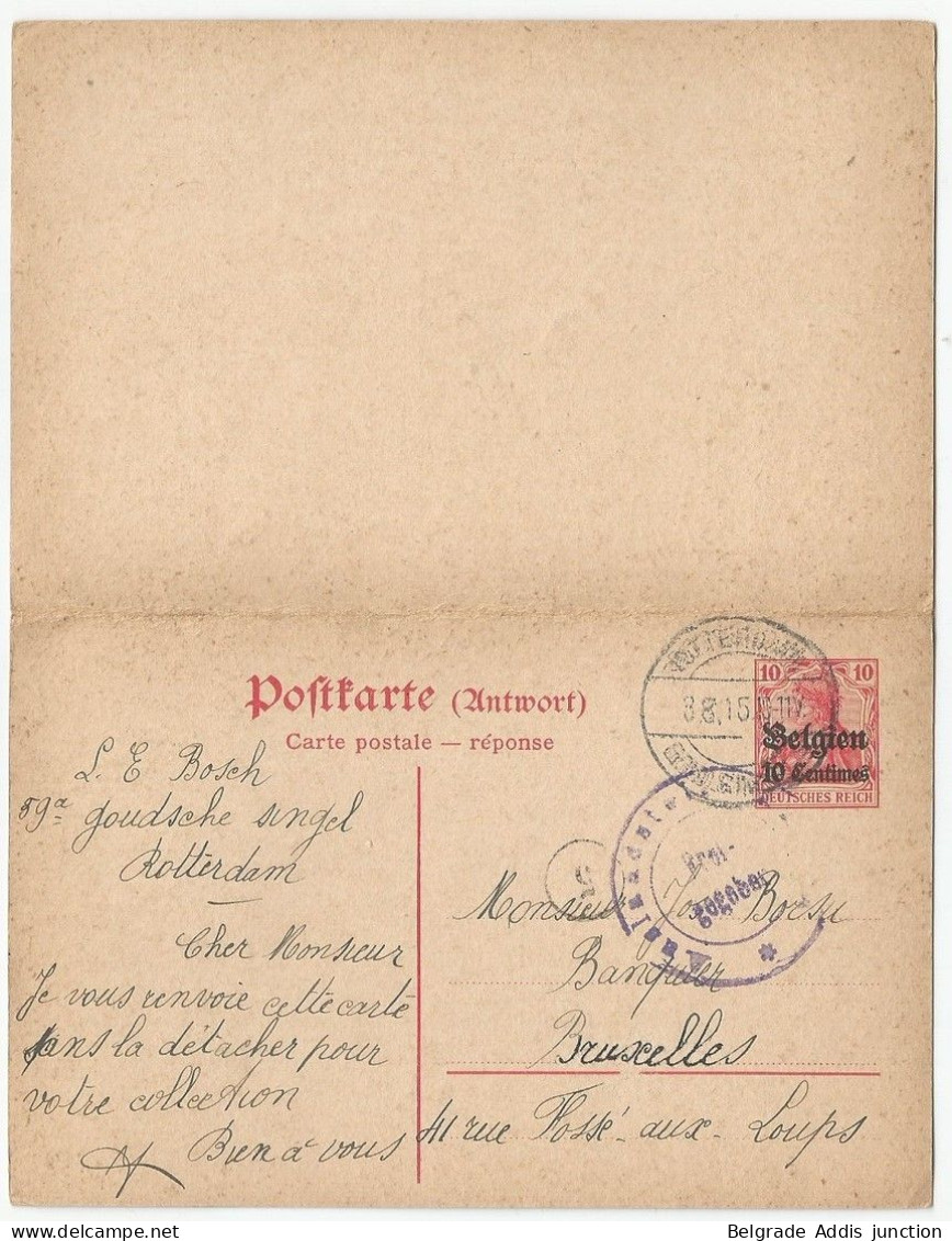 Belgique Belgie Allemagne Entier Postal Double Avec Réponse Censure 1915 Occupation Allemande Neufchateau - Duitse Bezetting