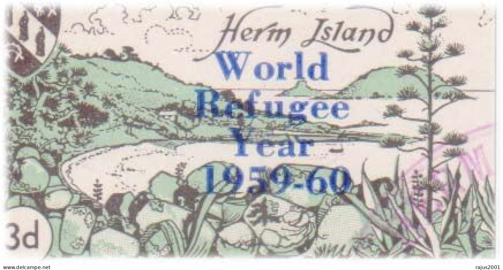 World Refugee Year, Refugees, Uprooted Tree, Hand, BLUE And RED OVERPRINT Herm Island FDC 1960 - Vluchtelingen