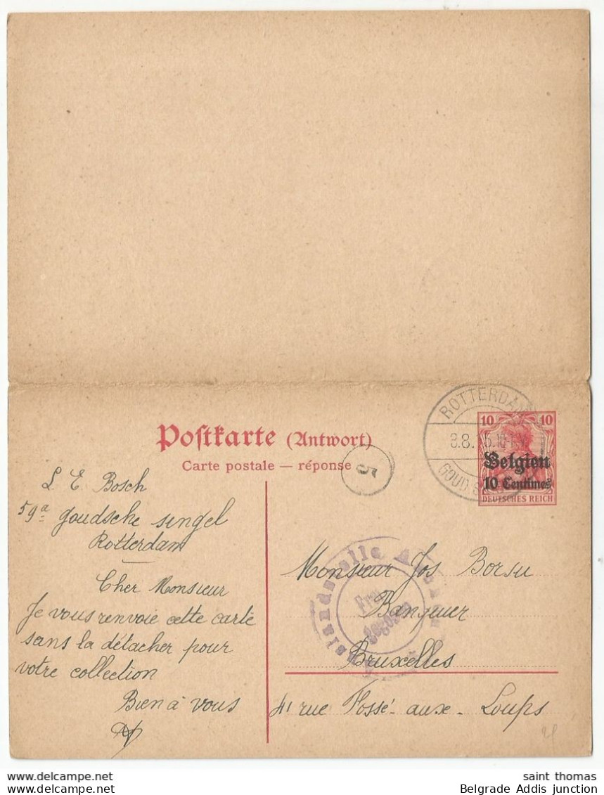 Belgique Belgie Allemagne Entier Postal Double Avec Réponse Censure 1915 Thienen Tirlemont Rotterdam - Duitse Bezetting