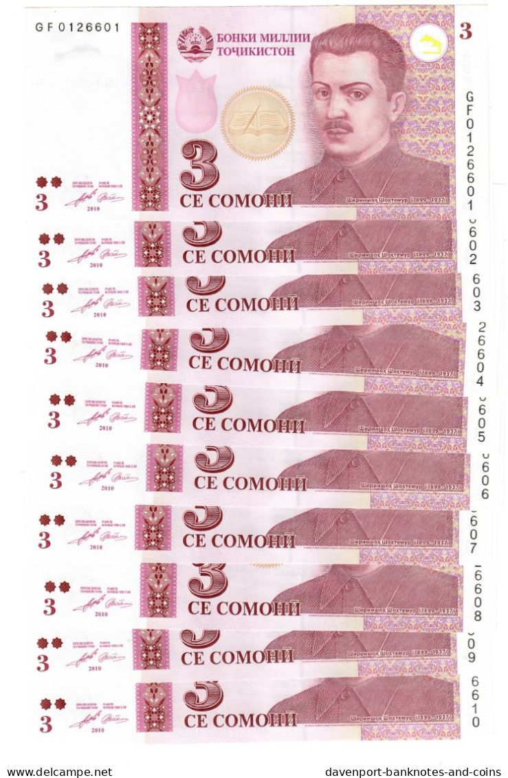 Tajikistan 10x 3 Somoni 2010 UNC - Tajikistan