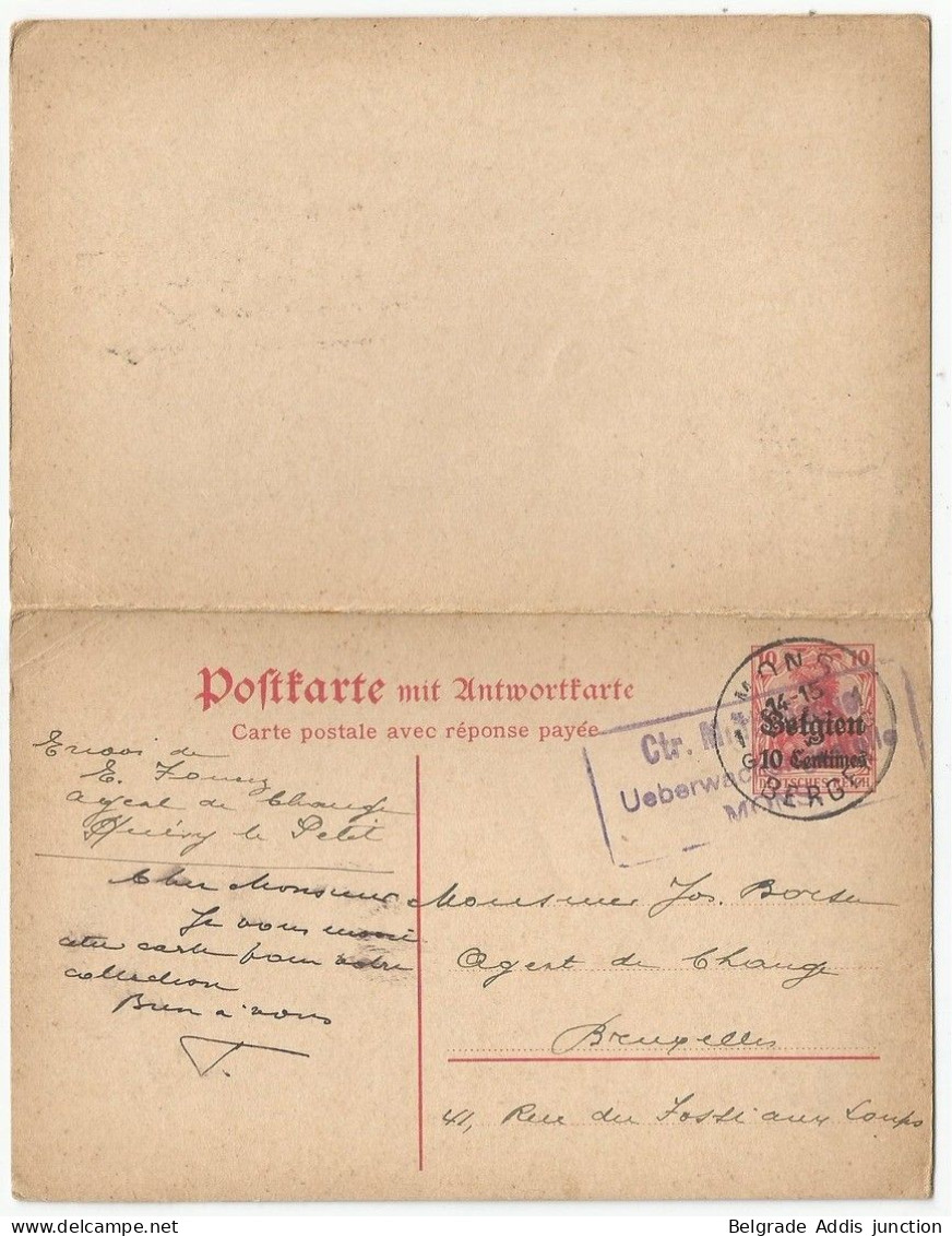 Belgique Belgie Allemagne Entier Postal Double Avec Réponse Censure 1915 Mons Rotterdam - Occupazione Tedesca