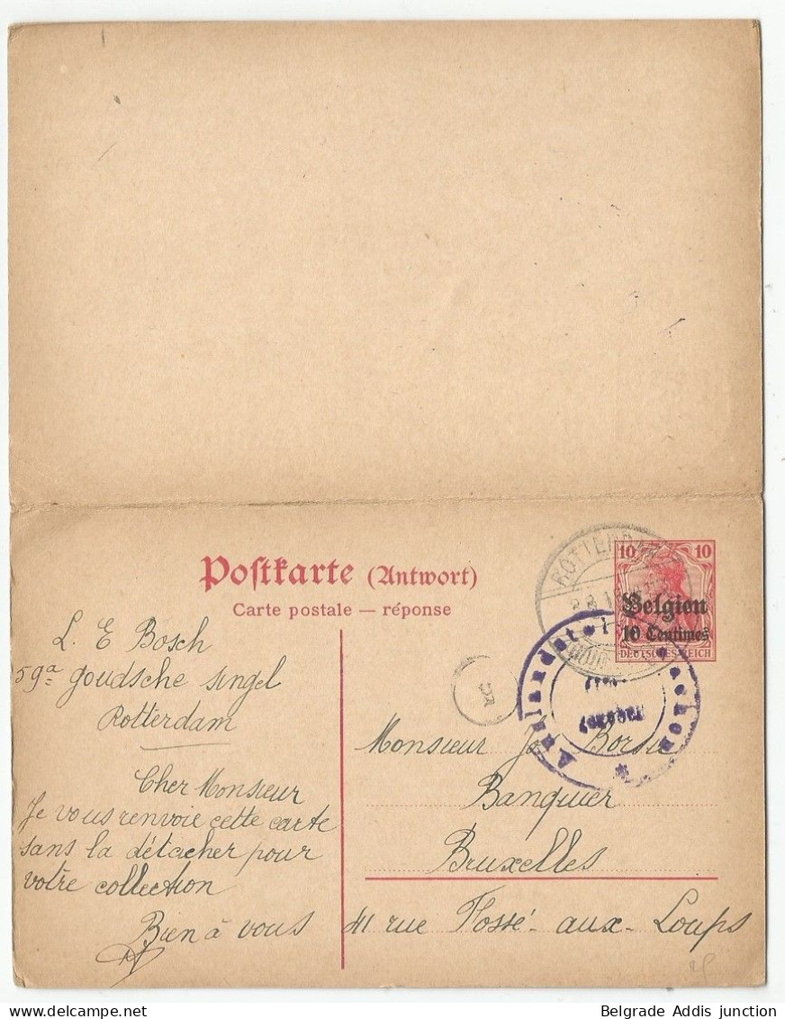 Belgique Belgie Allemagne Entier Postal Double Avec Réponse Censure 1915 Mons Rotterdam - Duitse Bezetting