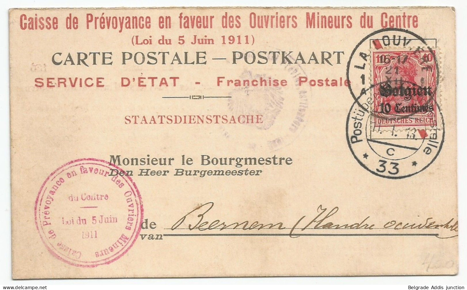Belgique Belgie Allemagne Carte Postale Avec Censure 1917 La Louvière Caisse De Prévoyance Des Ouvriers Mineurs - Duitse Bezetting