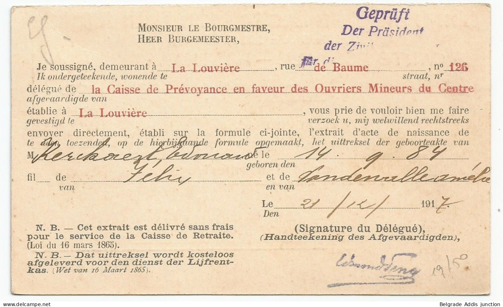 Belgique Belgie Allemagne Carte Postale Avec Censure 1917 La Louvière Caisse De Prévoyance Des Ouvriers Mineurs - Occupation Allemande