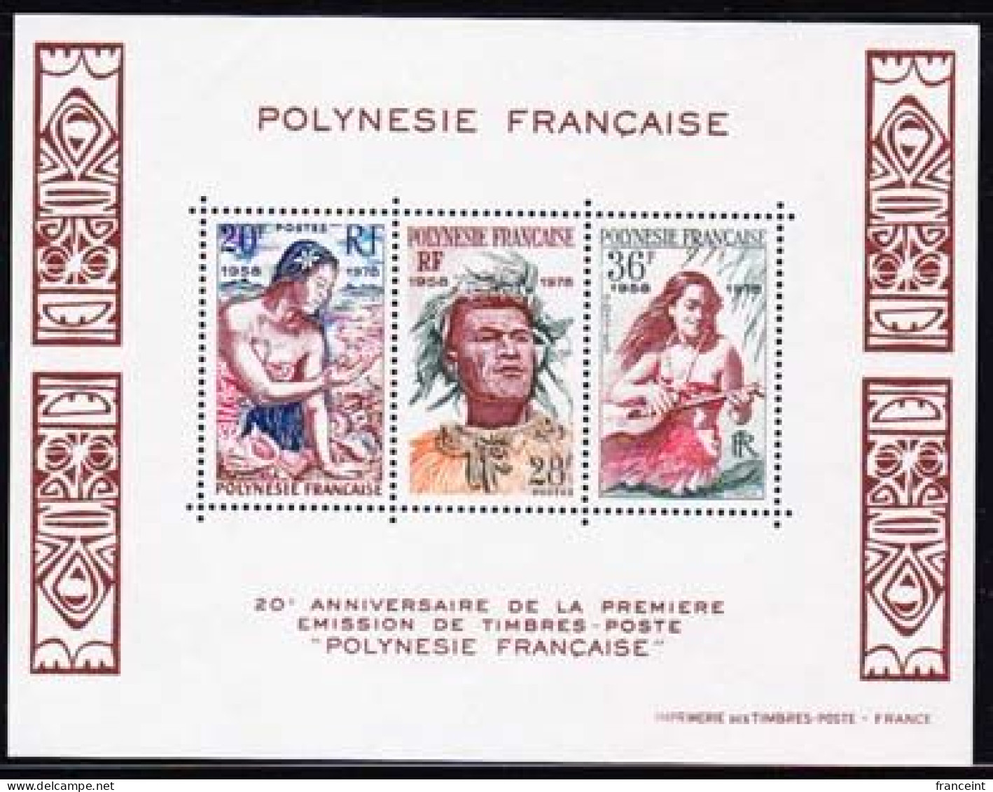 FRENCH POLYNESIA(1978) Girl With Shells. Man In Headdress. Girl Playing Guitar. Minisheet Of 3. Scott No 306a, Yvert No - Blokken & Velletjes