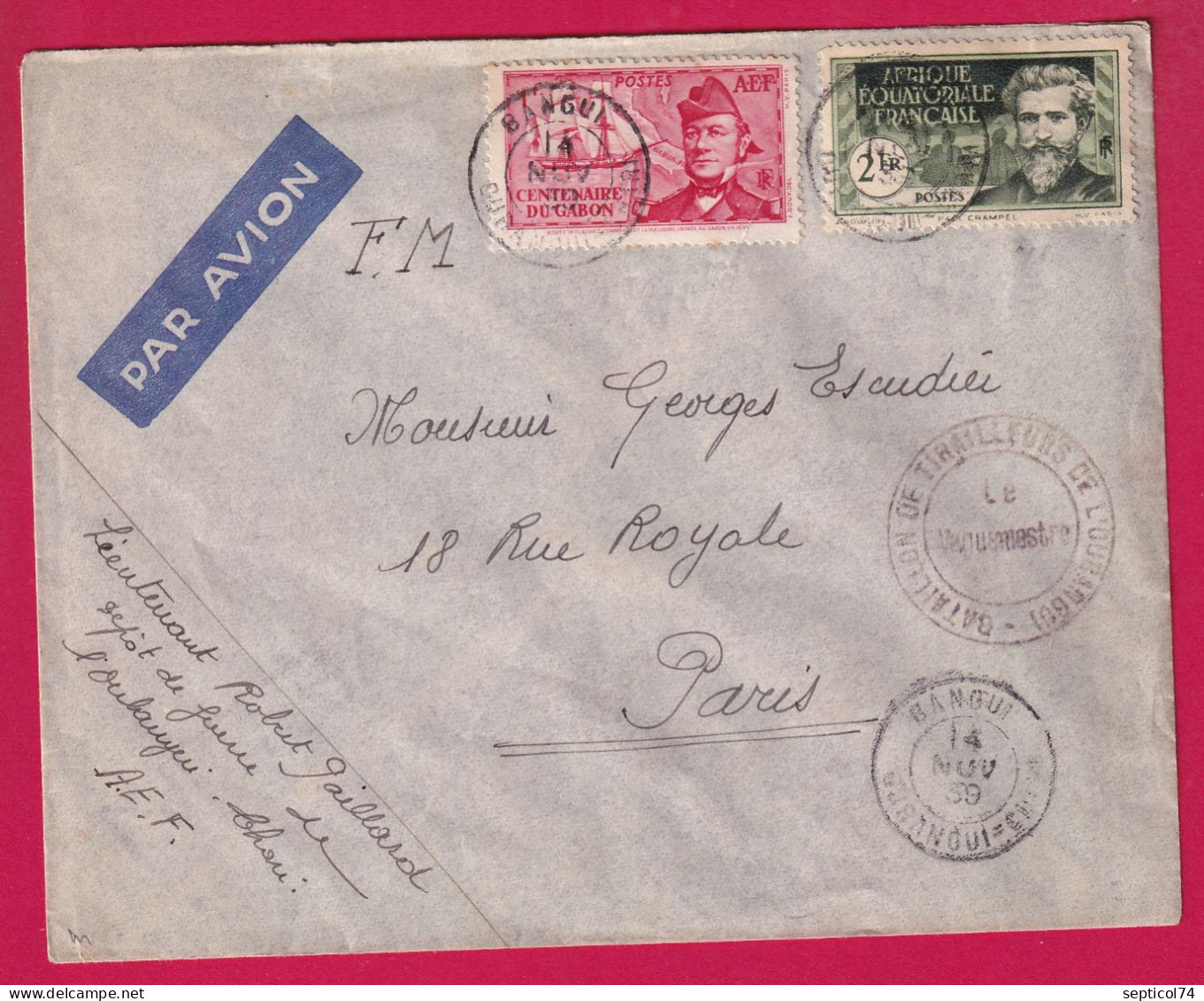 LETTRE FM SURTAXE AVION BANGUI OUBANGUI CHARI 1939 BATAILLON DE TIRAILLEURS DE L'OUBANGUI POUR PARIS LETTRE - Storia Postale