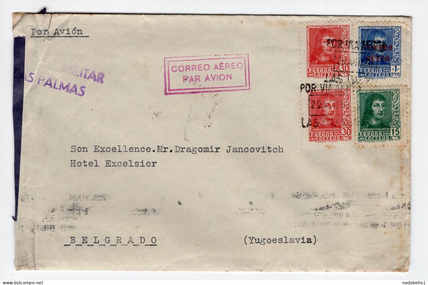 1939. SPAIN,FRANCO,LAS PALMAS MILITARY CENSOR 20.08.1939,AIRMAIL COVER TO YUGOSLAVIA,25. AUGUST 39. ARRIVED TO BELGRADE - Lettres & Documents