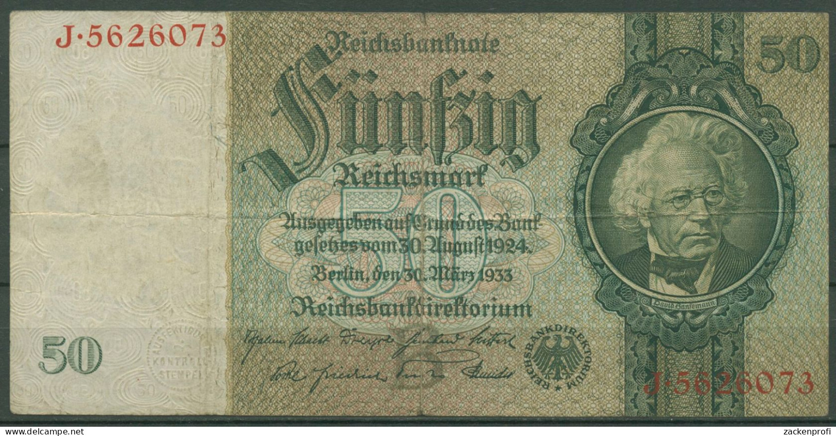 Dt. Reich 50 Reichsmark 1933 Serie B/J, Ro 175 A Gebraucht (K1012) - 50 Reichsmark