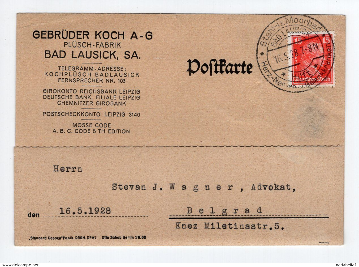 1928. GERMANY,BAD LAUSICK,SPECIAL CANCELLATION,GEBRUDER KOCH A.G. CORRESPONDENCE CARD,USED TO BELGRADE,YUGOSLAVIA - Bad Lausick