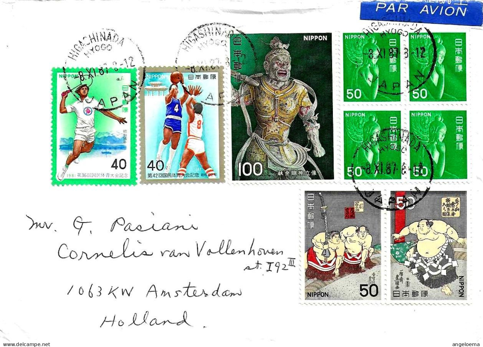 GIAPPONE JAPAN - 1987 HIGASHINADA Lettera Per L'Italia Con 9 Francobolli (tennis, Basketball, Lotta...) - 5424 - Brieven En Documenten