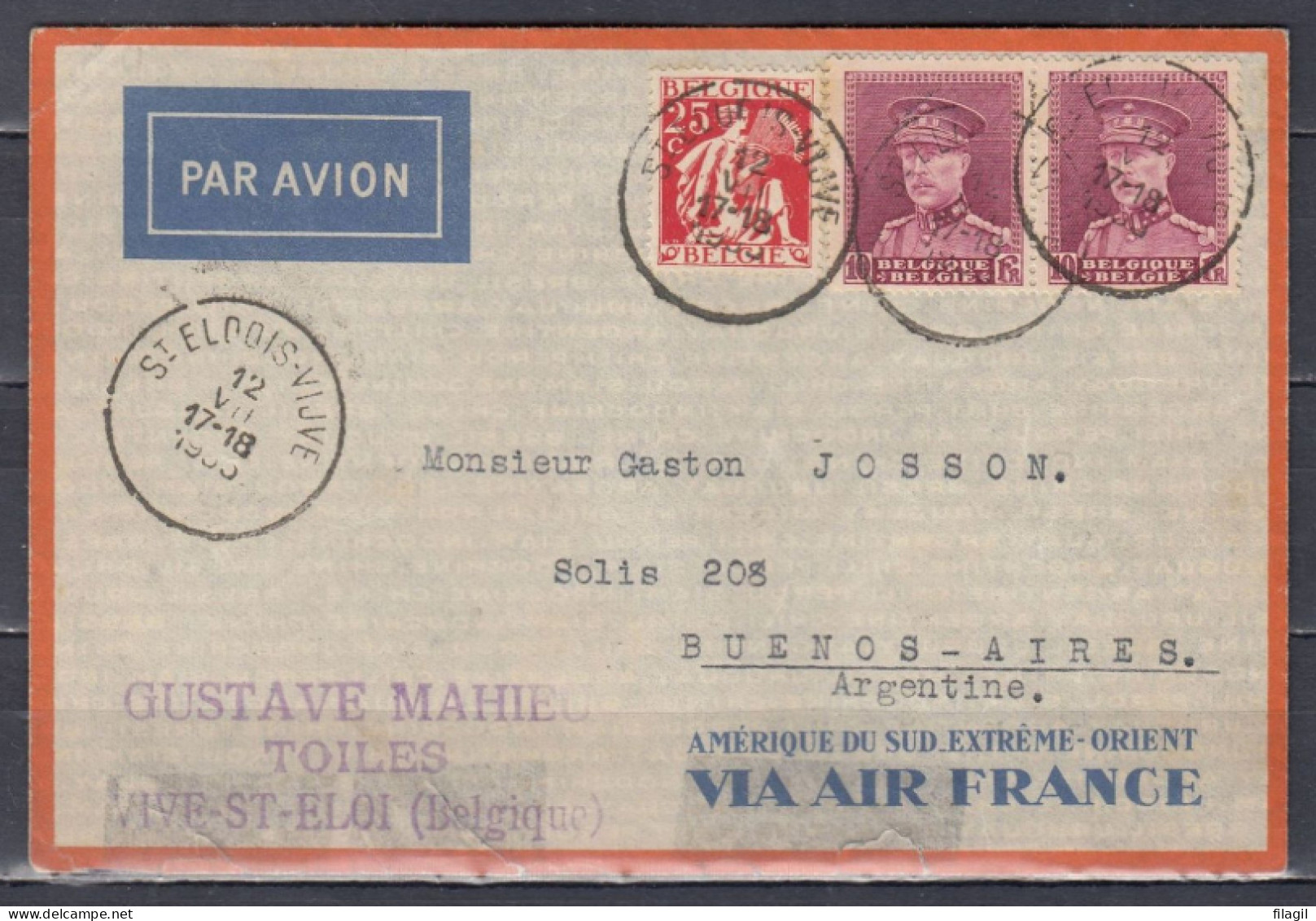 Brief Van St Eloois Vijve Naar Buenos Aires (Argentinie) Amerique Du Sud Extreme Orient Via Air France - 1931-1934 Mütze (Képi)