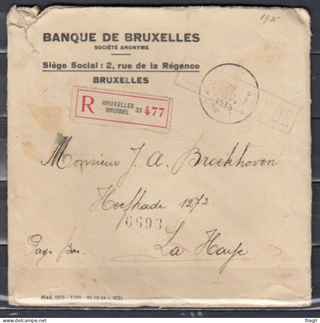 Aangetekende Brief Van Bruxelles 33 Brussel (sterstempel) Naar La Haye Met Lakstempel + Perfins B.B. - 1931-1934 Mütze (Képi)