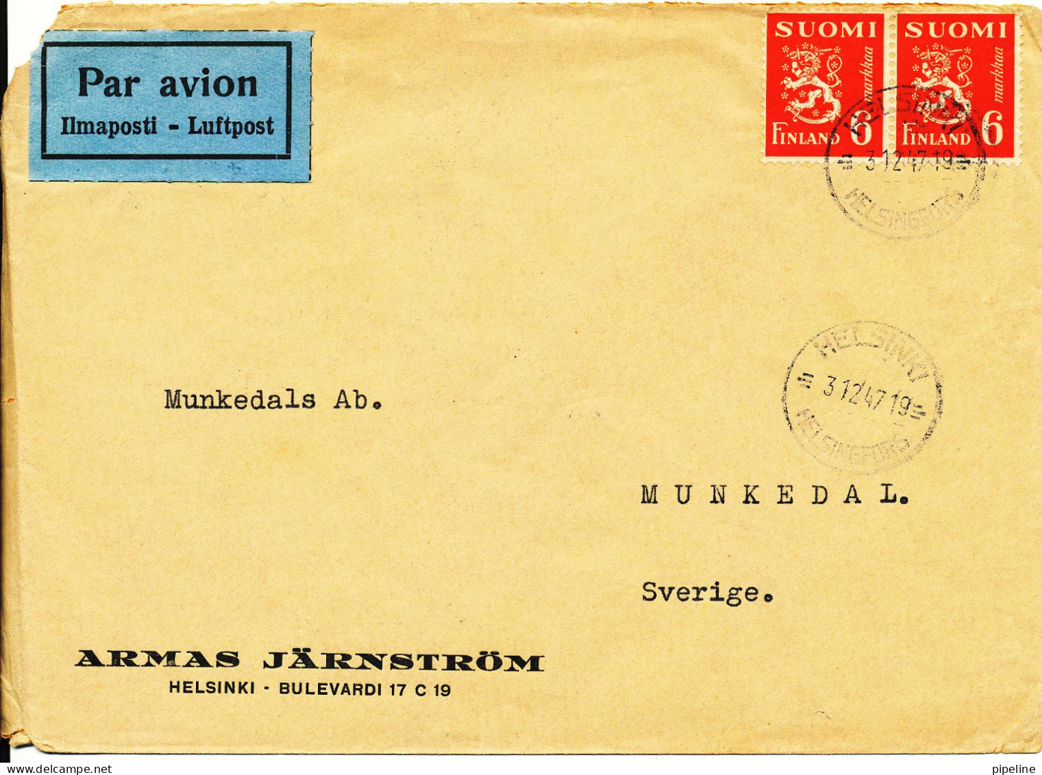 Finland Cover Sent Air Mail To Sweden Helsinki 3-12-1947 LION Type Stamps - Covers & Documents