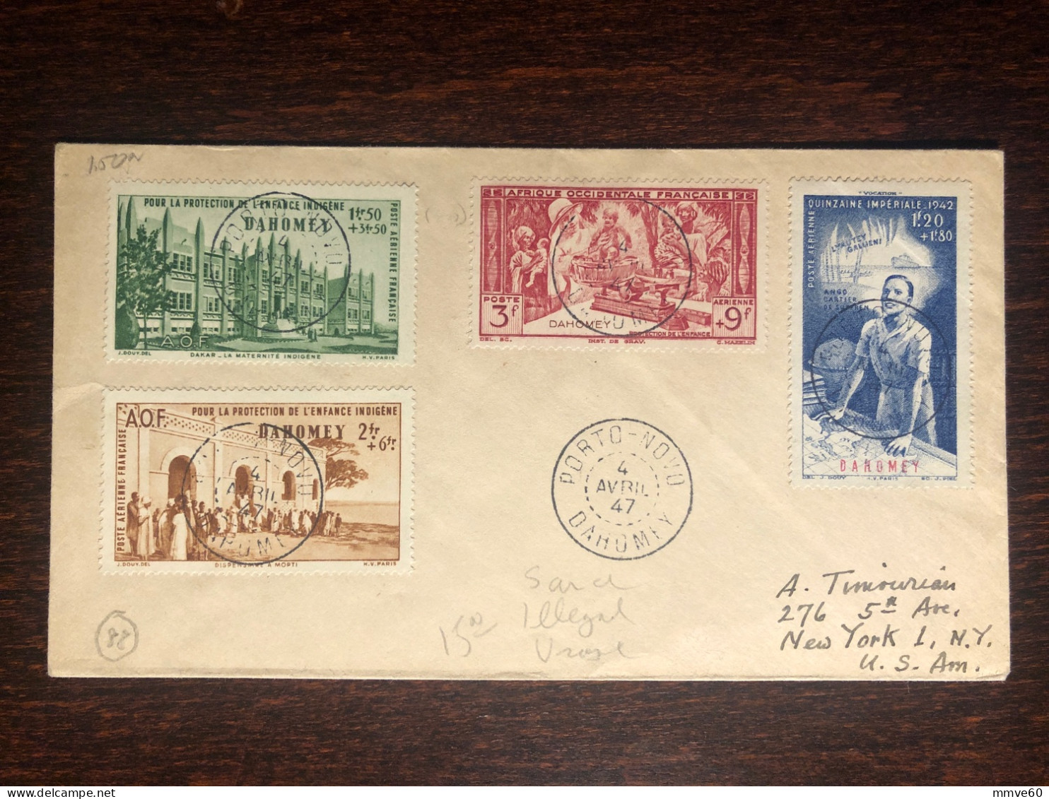 DAHOMEY AFRIQUE OCCIDENTALE TRAVELLED COVER LETTER TO USA 1947 YEAR HOSPITAL  MEDICINE HEALTH MEDICINE STAMPS - Storia Postale