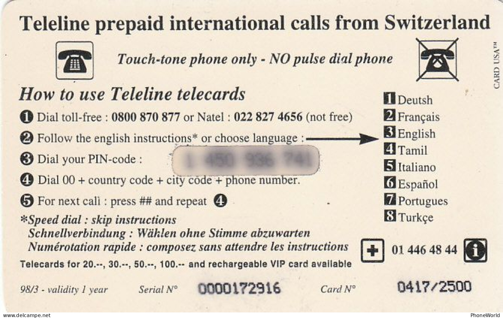 Swiss, Teleline  Van TC  Fr.20 '98, Moto, 0417/2500 - Switzerland