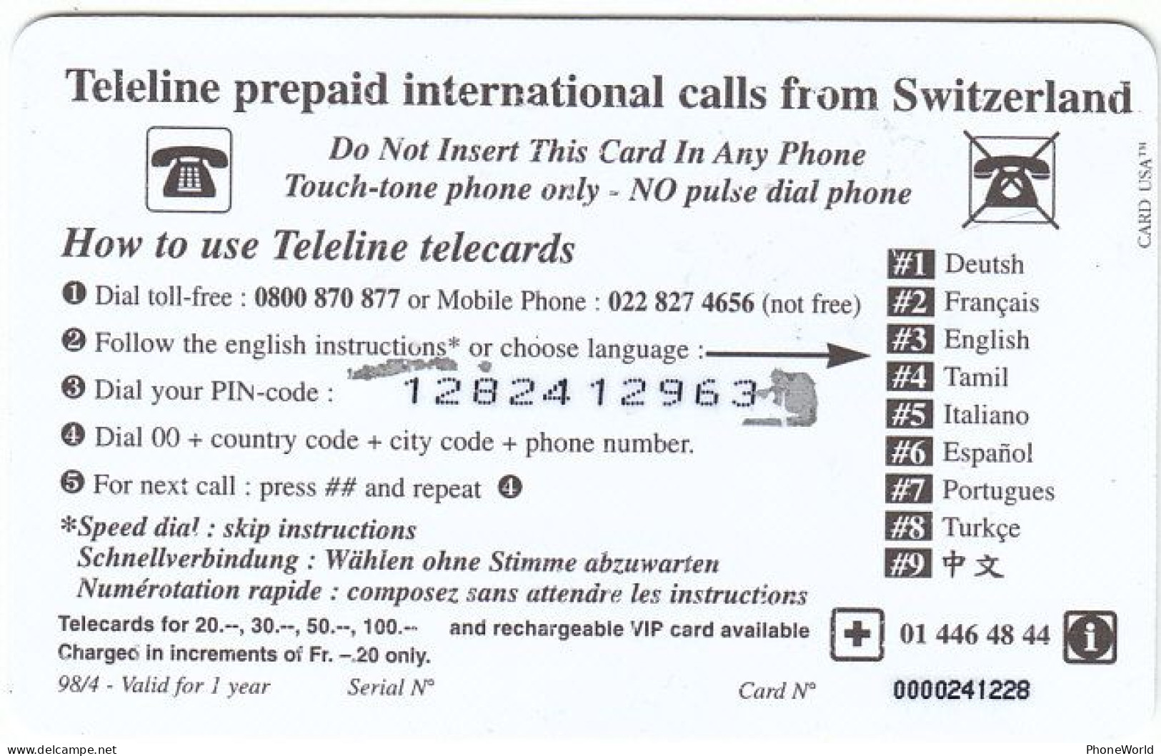 Swiss, Teleline  Van TC Fr.30 '98, Airoplane, RR - Switzerland