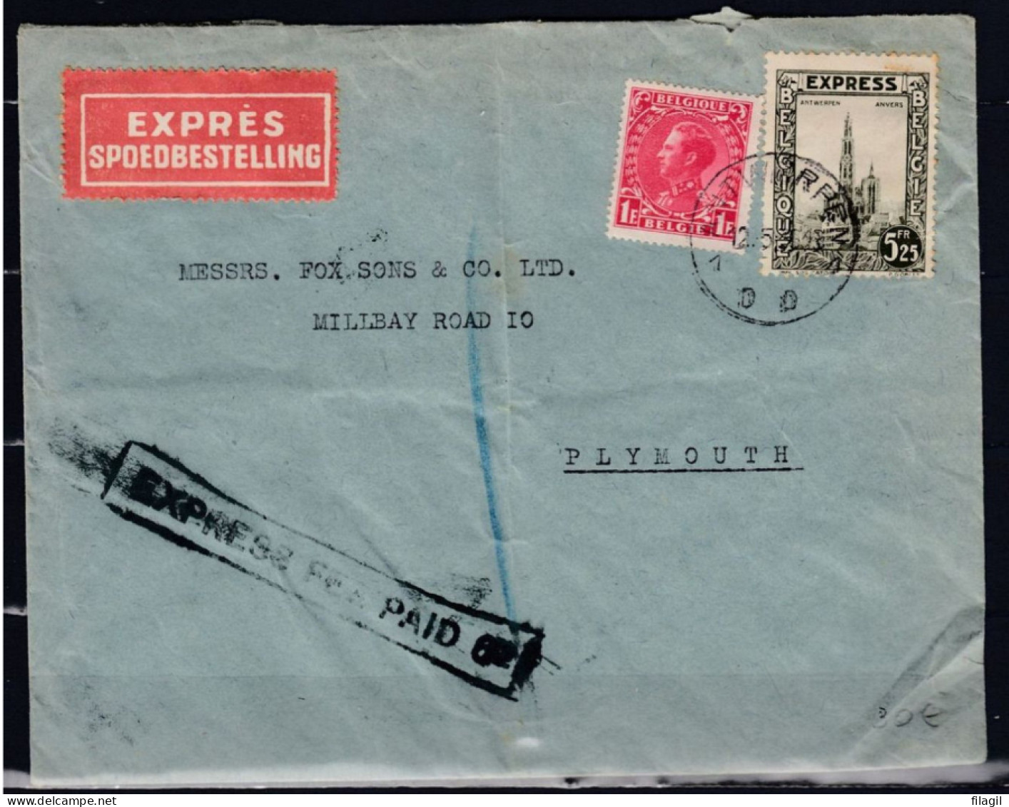 Expres/Spoedbestelling Brief Van Antwerpen 1 Naar Plymouth  (engeland) - 1934-1935 Leopold III