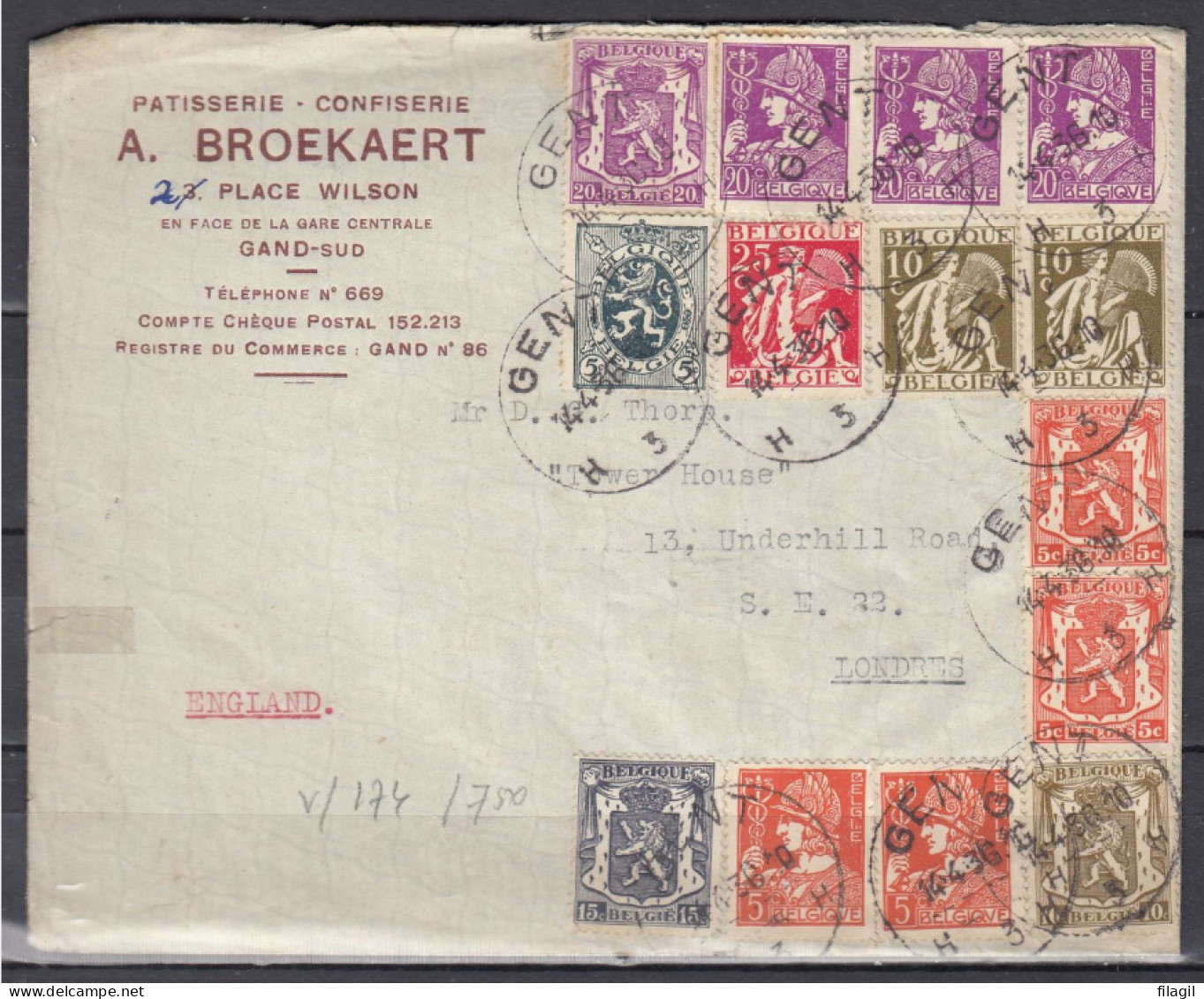 Brief Van Gent H3H Naar Londres (Engeland) Patisserie A.Broekaert - 1932 Cérès Et Mercure