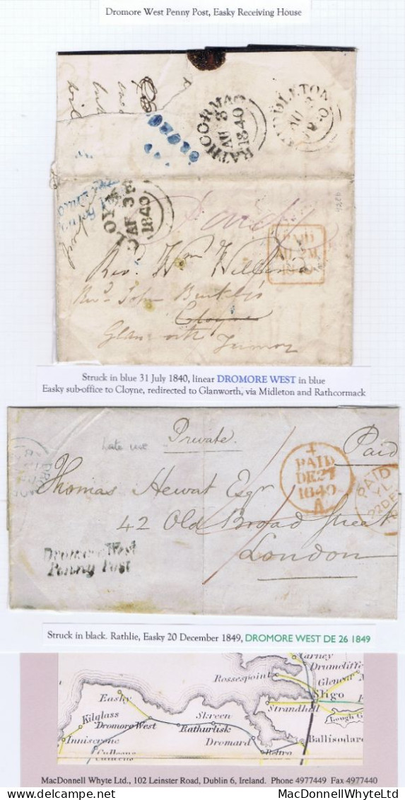 Ireland Sligo 1840 And 1849 Covers With Italic "Dromore West/Penny Post", Each From Easky Sub-office - Prephilately