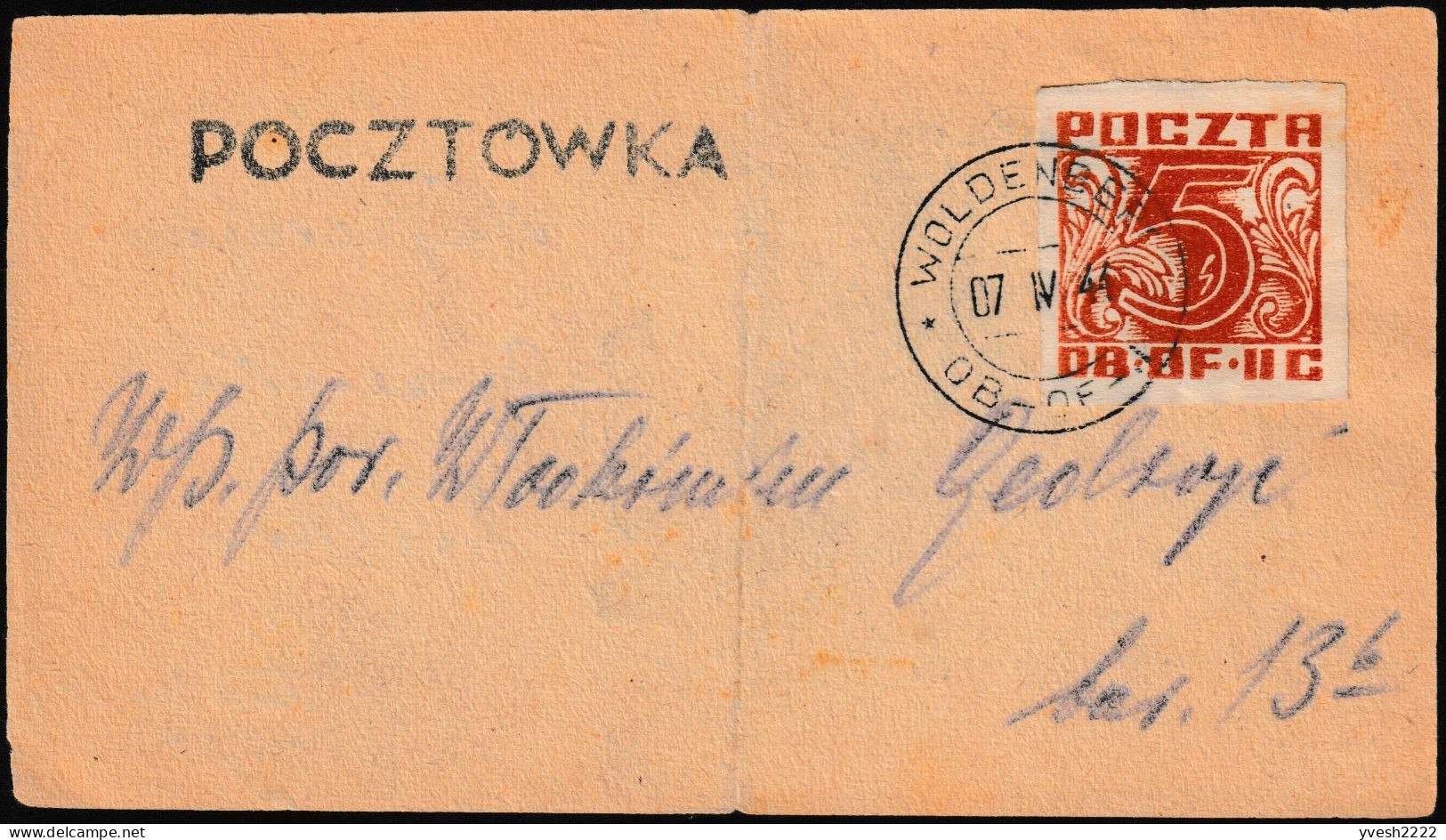 Pologne 1944. Camp De Prisonniers, Oflag IIC, à Woldenberg. 5 Pf Sur Carte Postale. Alleluja Et Anges Au Verso - Campo De Prisioneros