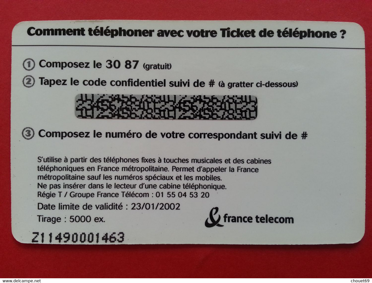 LORIENT 31 ème FESTIVAL INTERCELTIQUE 2001 Ticket France Telecom 3 Mn Prépayée NEUF (I0621 - Billetes FT