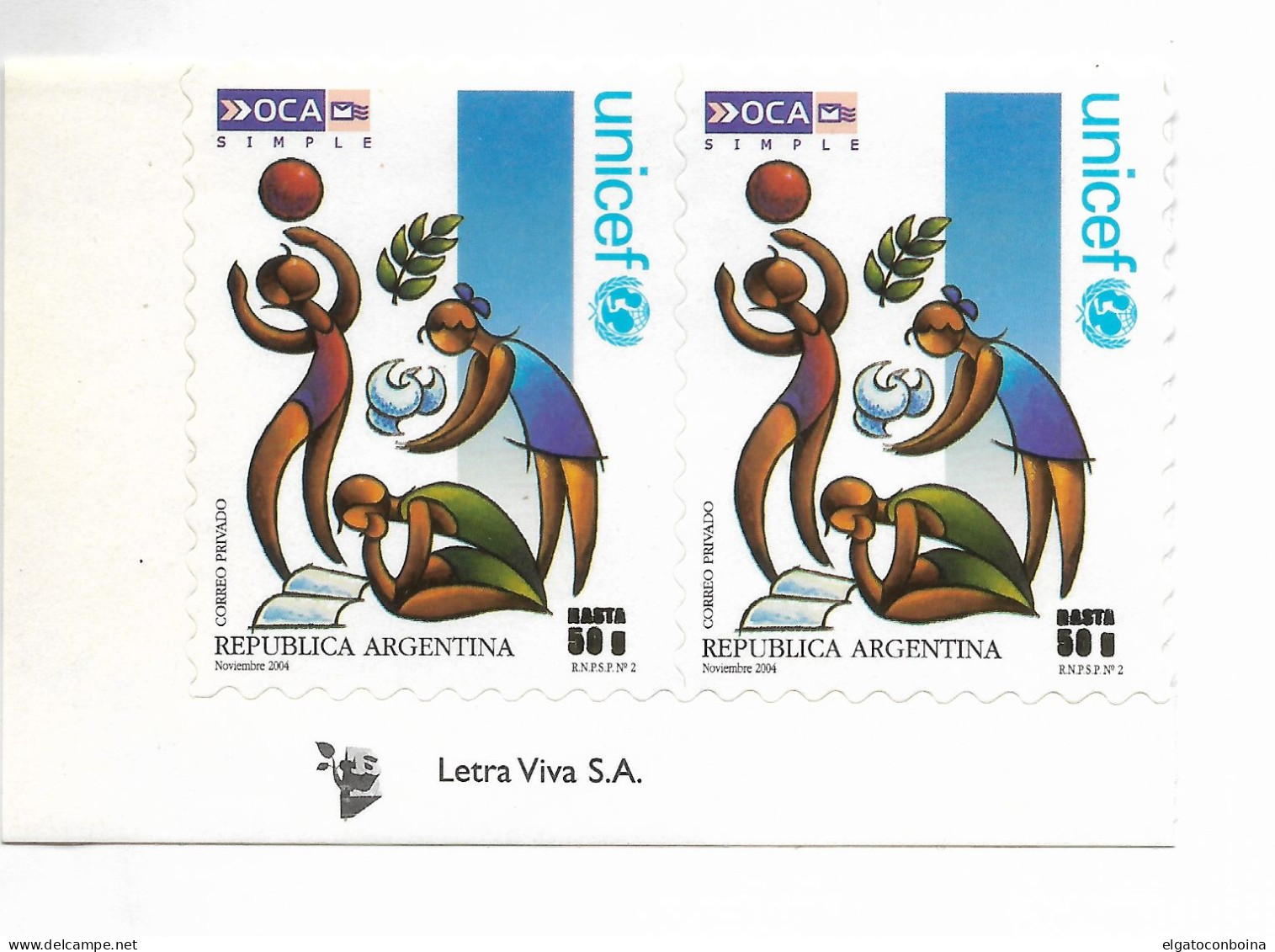 ARGENTINA 2004 PAIR OF SELF ADHESIVE STAMPS OCA PRIVATE MAIL UNICEF CHILDREN - Neufs