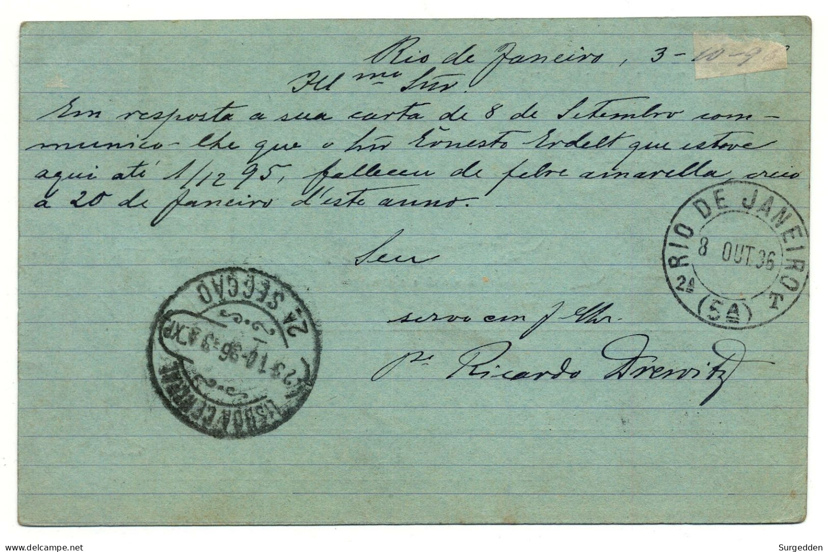 Rio De Janeiro 1896 Nach Lisboa - Postal Stationery